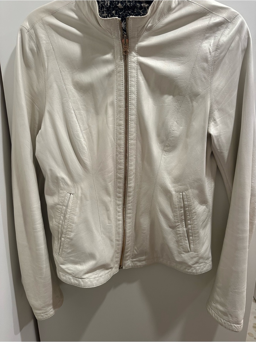 Anne Klein Cream pearlescent reversible real Leather Zip-Front moto Jacket